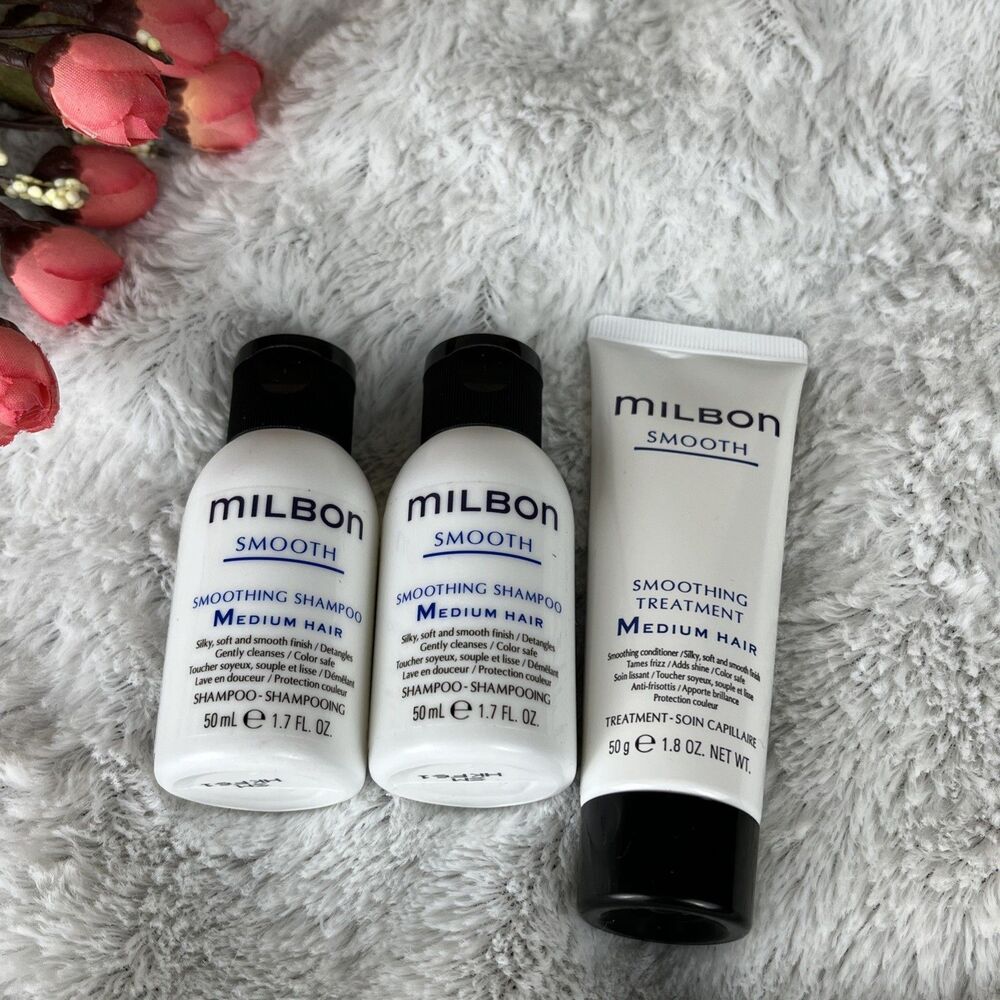 Milbon Smooth Shampoo 1.7 OZ X2 & Treatment Medium Hair 1.8 OZ Travel Size Japan